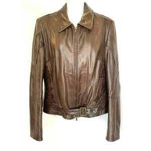 Bata and More Italian Brown Leather Moto Motorcycle Ruched Buckle Jacket EU 50 L
